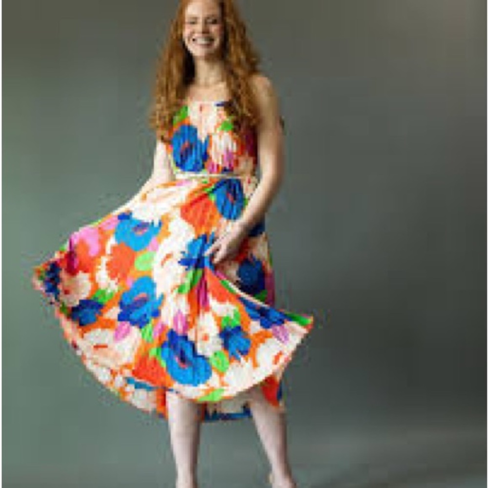 Sam Edelman RetroFloral Plisse Midi Dress in Blue, Orange, Pink, Green